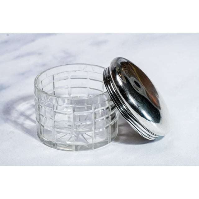 Set of 4, Beautiful Set Mappin and Webb Antique English Sterling Silver and Crystal Geometric Cut Pattern Vanity Dresser Jar and Bottle For Sale - Image 14 of 16