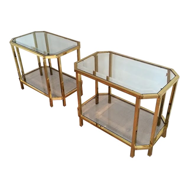 Pair of Mid-Century Roche Bobois Brass, 2-Tiered SideTables For Sale