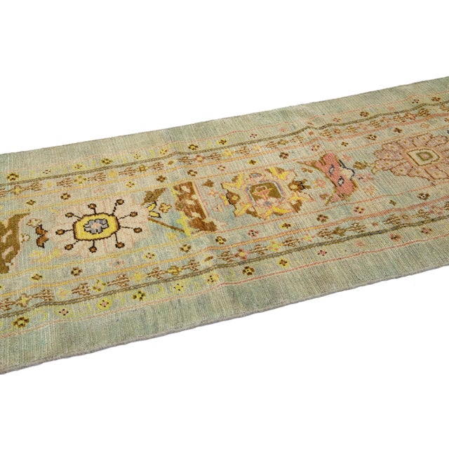 Mid-Century Modern Style Blue Handmade Floral Motif Wool Runner For Sale In New York - Image 6 of 8