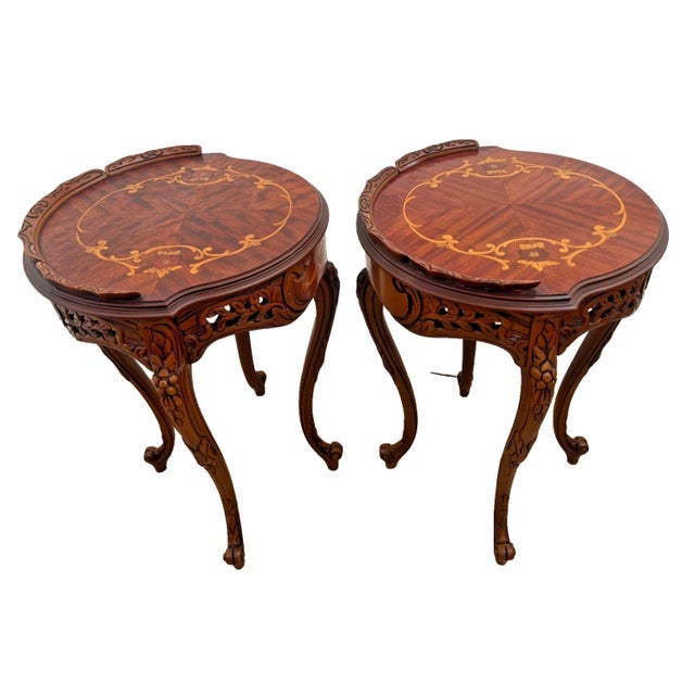 1930s Two French Side Tables, Display, Nightstands, Round Top Floral Marquetry For Sale In Palm Springs - Image 6 of 13