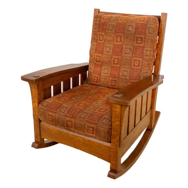 Stickley Upholstered Large Mission Oak Rocking Chair For Sale