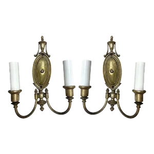 1920s French Empire Style Cast Brass Dual Arm Wall Sconces, Pair