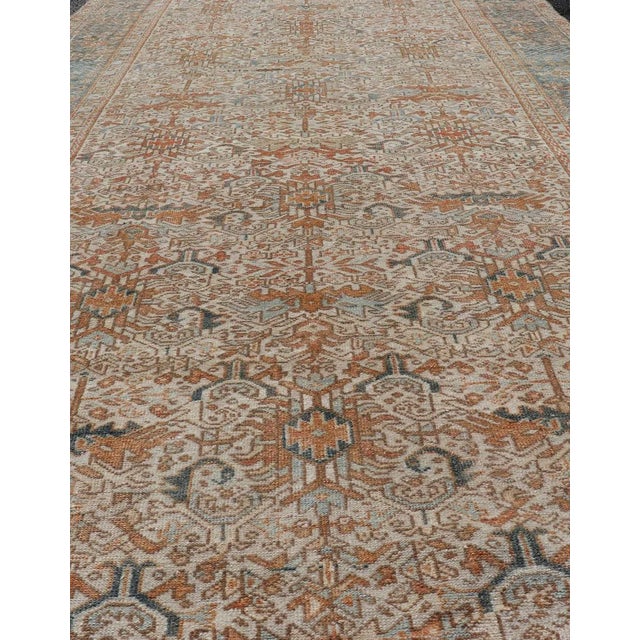 Copper Antique Persian Gallery Heriz Rug With Geometric Design in Copper and Blue 5'1 X 12'3 For Sale - Image 8 of 15