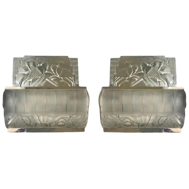 French Art Deco Bird Sconces With Geometric Motif by Sabino - a Pair For Sale