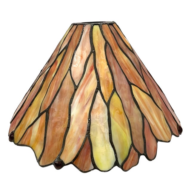 Vintage Tiffany-Style Stained Glass Lamp Shade, Orange, Amber, Goldenrod For Sale - Image 4 of 7