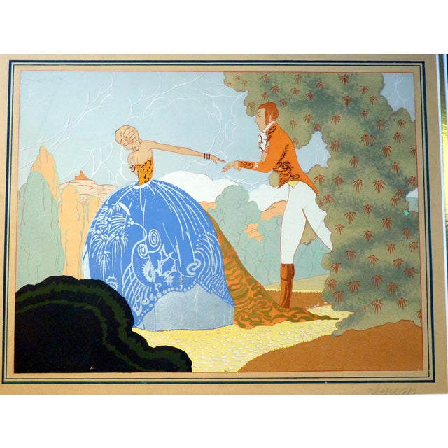 Art Deco 1920s Art Deco Garden Couple Pochoir by Mario Leone 16" X 20" Matted For Sale - Image 3 of 7