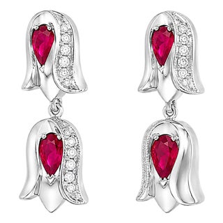 14K White Gold Ruby Diamond Tulip Dangle Earrings Elegant Estate Jewelry For Sale