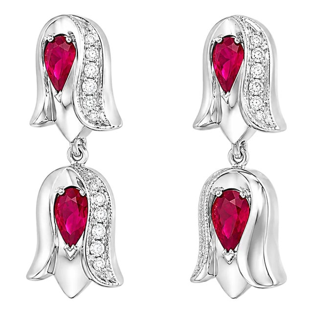 14K White Gold Ruby Diamond Tulip Dangle Earrings Elegant Estate Jewelry For Sale