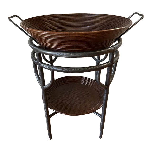 1960s Vintage Wrought Iron Bamboo and Wicker Tray Table For Sale