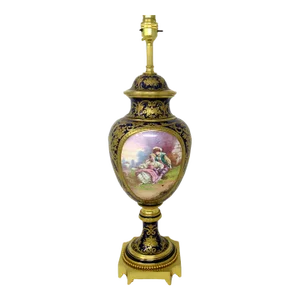 French Sèvres Porcelain Watteau Scene Ormolu Cobalt Blue Table Lamp 19th Century