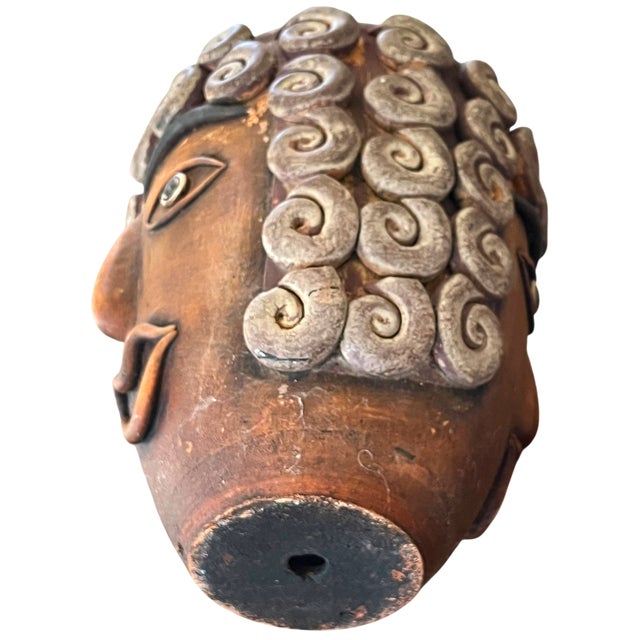 Ceramic 1960s Monumental Handcrafted Mexican Terra Cotta Janus Head Planter / Vessel With Spiral Relief Motif For Sale - Image 7 of 9