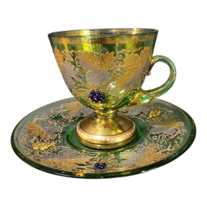 Antique Moser Footed Cup & Saucer Green Glass Heavily Gilded Grapes Vines