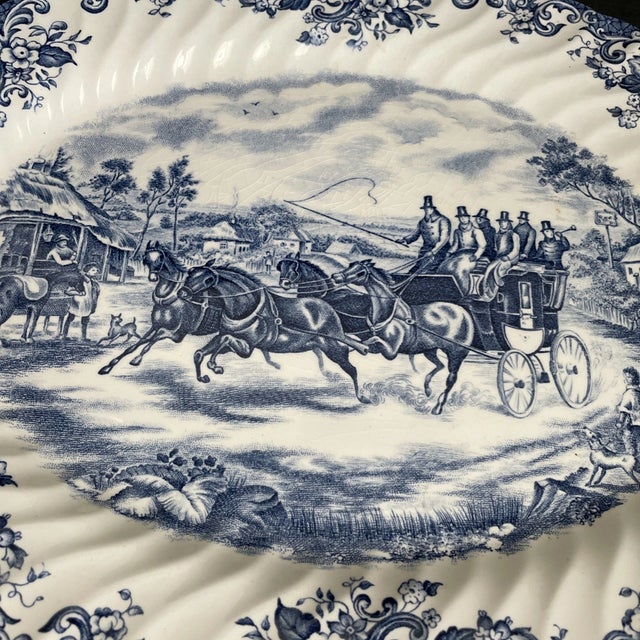 1990s Vintage Mid-Century Modern Johnson Bros. Coaching Scenes Passing Through Blue & White Ironstone Platter For Sale - Image 5 of 5