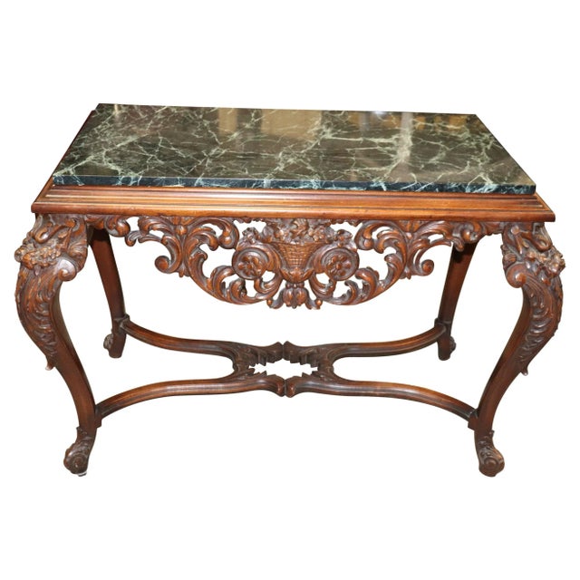Fine Carved Walnut Verdi Green Marble Top Console Table With Stretcher Base For Sale - Image 13 of 13
