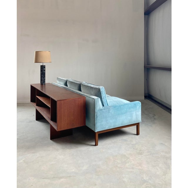 Mid-Century Modern Icy Blue Dunbar-Style Sofa With Walnut Base + Legs For Sale - Image 3 of 14