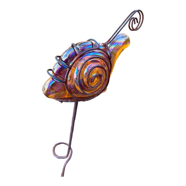 Carnival Glass Iridescent 7” Amber Glass Snail W Copper Wire Vintage on 40” Garden Stake For Sale