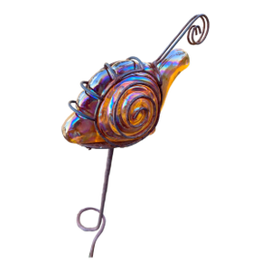 Carnival Glass Iridescent 7” Amber Glass Snail W Copper Wire Vintage on 40” Garden Stake