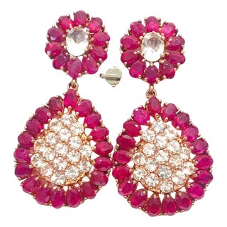Natural Ruby & White Sapphire "Bochic" Earrings Set In 18K Gold & Silver For Sale