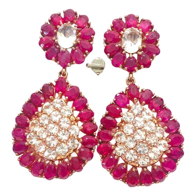 Natural Ruby & White Sapphire "Bochic" Earrings Set In 18K Gold & Silver For Sale