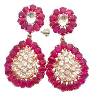 Natural Ruby & White Sapphire "Bochic" Earrings Set In 18K Gold & Silver