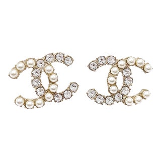 Chanel Gold CC Half Half Pearl Crystal Large Piercing Earrings - 2 Pieces For Sale