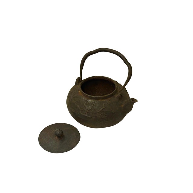 Burnt Umber Vintage Rustic Mixed Iron Relief Cranes Motif Teapot Shape Display Art For Sale - Image 8 of 11