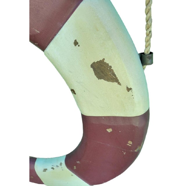 Coastal Vintage Huge Coastal Maroon Cream Distressed Carved Wood Life Saver Raft Wall Decor by Lane Furniture For Sale - Image 3 of 7
