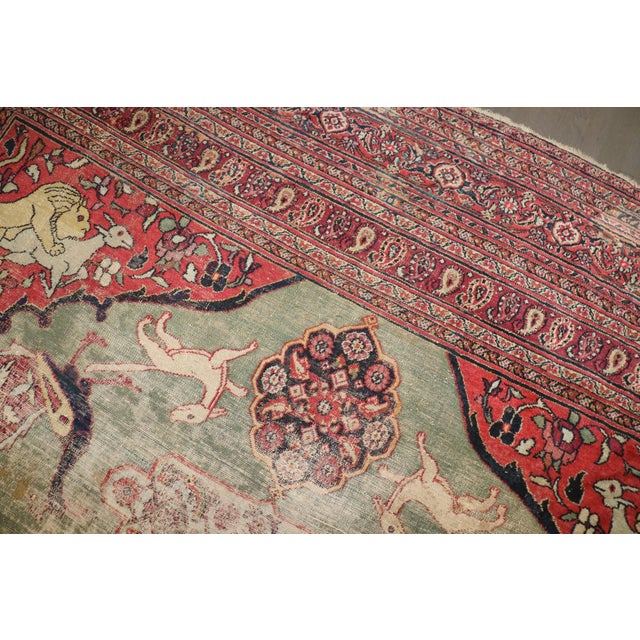 Green Hunting Animal Doroksh Persian Distressed Rug , 10'2'' X 12'10'' For Sale In New York - Image 6 of 15