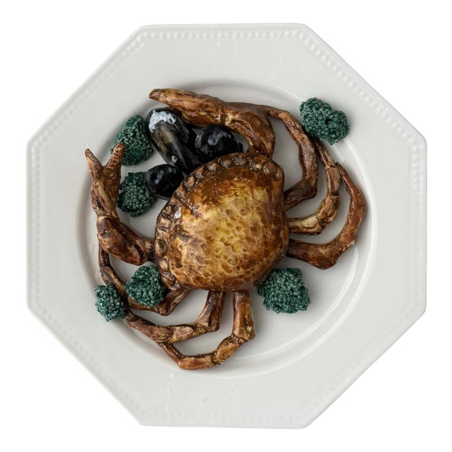 Vintage Italian Trompe L’Oeil Majolica Crab Wall Plate by Ceramiche Castellan For Sale