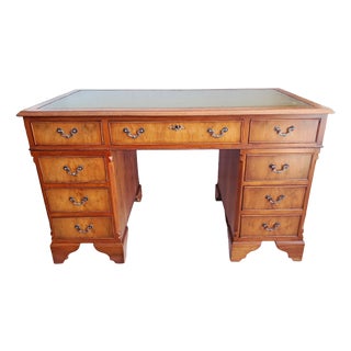 Antique Twin Pedestal Desk in Yew Wood with Leather Top, 1980s For Sale