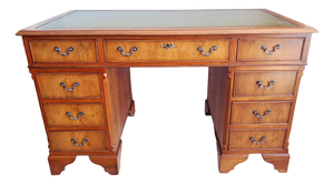 Antique Twin Pedestal Desk in Yew Wood with Leather Top, 1980s