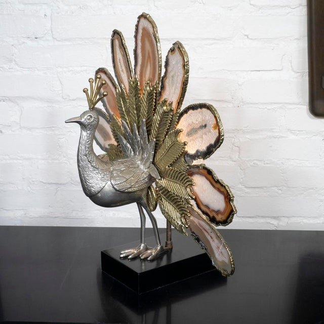Metal Brass and agate peacock sculpture with lights For Sale - Image 7 of 11