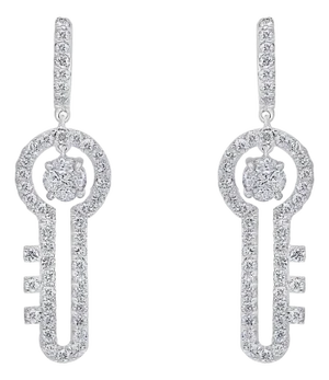 3.2 Ct Diamond Drop Cocktail Key Shape Earrings in 14 Karat White Gold 8 Grams