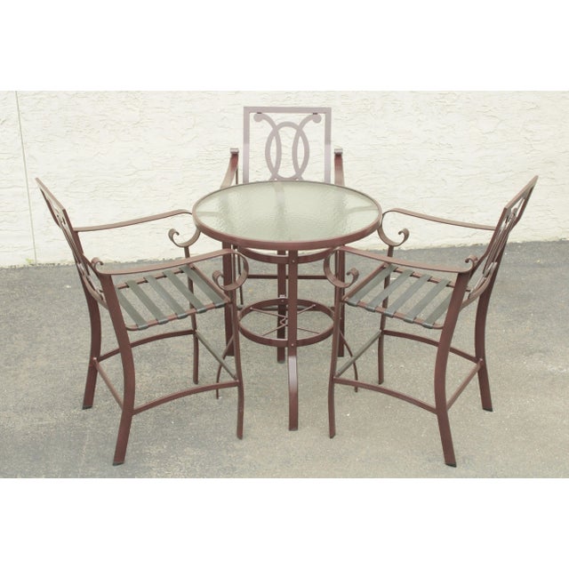 High Quality Painted Aluminum Round Glass Top Table Along with 3 High Seat Chairs by Woodard (Not Labeled)
