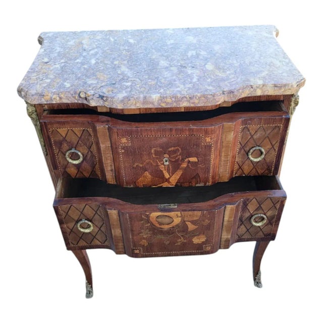 19th C French Louis XV Marquetry Commode Marble Top Bronze Mounts Refurbished For Sale - Image 11 of 18
