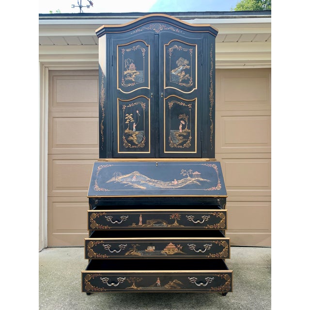 Chinoiserie Black Lacquered Drop Front Secretary Desk With Bookcase Hutch For Sale In South Bend - Image 6 of 12