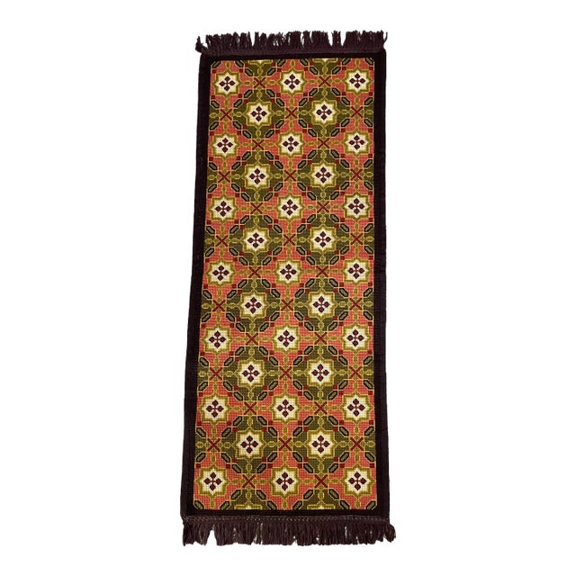 Vintage Needlepoint, Geometric Carpet or Table Runner. Olive Green, Terra-Cotta, Dark, Brown, and Ivory. For Sale
