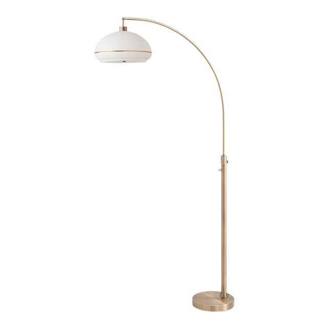 Morelli Float Arc Lamp - Weathered Brass, Weathered Brass Lucite Shade, Steel Base, Dimmable For Sale