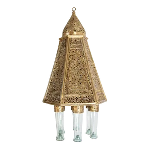 Antique Mamluk Turkish Pierced Brass Hanging Hexagonal Pendant Light Fixture