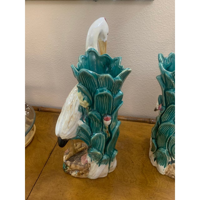 Early 19th Century Large Majolica Bird Stork, Heron or Crane Vases