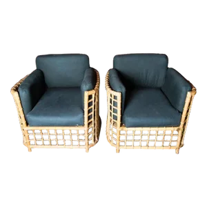 1970s Henry Olko Mid-Century Modern Square Series Rattan Armchairs - A Pair