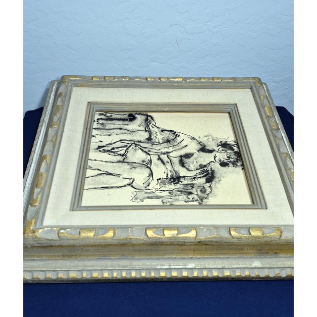 Beige Mid-Century Figural Seated Woman Ink Drawing in Ornate Gold Gilt Frame For Sale - Image 8 of 11