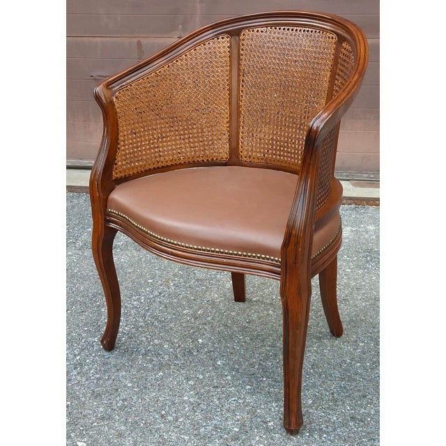 Late 20th Century Baker Provincial Style Caned Back Mahogany and Leather Upholstered Armchair For Sale In Washington DC - Image 6 of 10