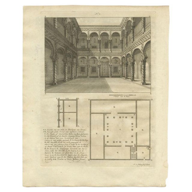 Antique print titled 'Gedeelte van een Huis in Barbarye (\.)'. Old print depicting a view and two plans of a house in...