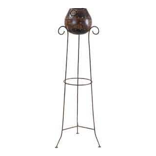 1970s Large Indoor Plant Stand, 47 Inch Tall Metal Floor Urn | Industrial Farmhouse Entryway Decor | Rustic Iron Flower Vase Statement Piece For Sale