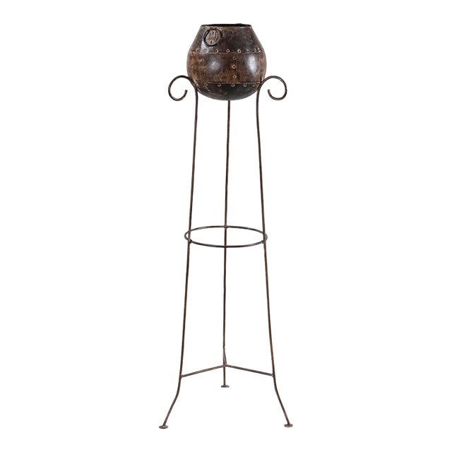 1970s Large Indoor Plant Stand, 47 Inch Tall Metal Floor Urn | Industrial Farmhouse Entryway Decor | Rustic Iron Flower Vase Statement Piece For Sale