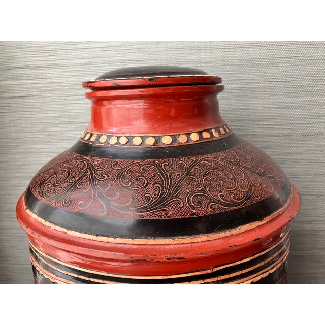 Paint Antique Large Hand Made Burmese Pyi-Daung Lacquerware Rice Vessel, 15" T For Sale - Image 7 of 12