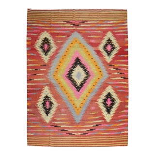 Late 20th Century Zabihi Collection Bold Geometric Room Size Turkish Kilim - 7'11" x 11'1" For Sale