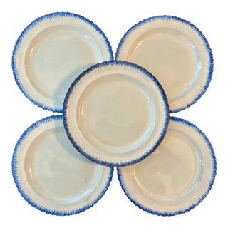 Antique Early 19th Century English Georgian Pearlware Creamware Blue Feather or Shell Edge Dinner Plates - Set of 5 For Sale