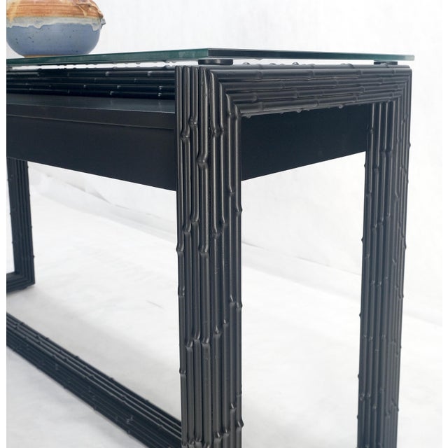 Mid-Century Modern Ebonized Faux Bamboo Reed Two Door Glass Top Console Sofa Table For Sale - Image 3 of 12